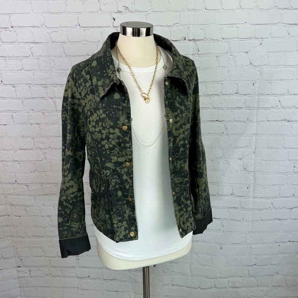 GAP Jacket Green Floral Camo Snap Collared Pockets Draw String Waist Medium